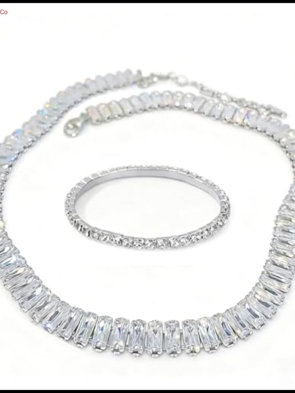 Crystal Rhinestone Choker Necklace & Tennis Bracelet Set Silver-Tone